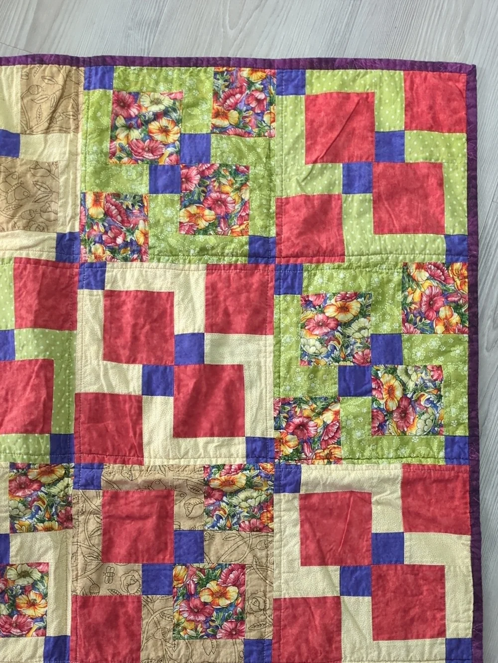 Handmade Floral Patchwork Quilt Wall Hanging Signed by Grandma Colorful Folk Art